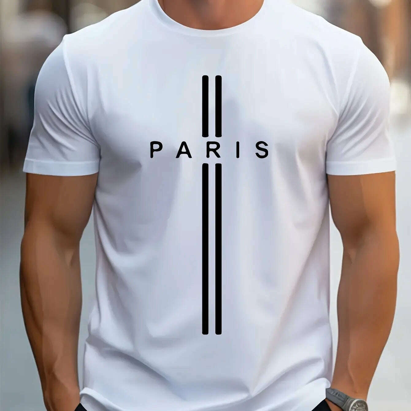 Men's 100% pure cotton summer loose fitting oversized Paris print casual slim fit round neck short sleeved T-shirt top - KIMLUD
