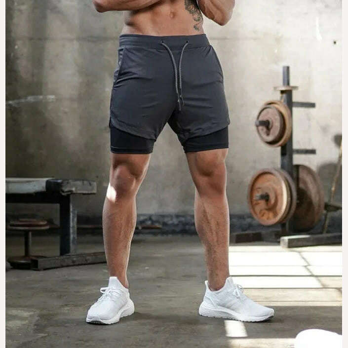 Men's 2 in 1 Running Shorts Male Camo Workout Shorts Training Yoga Gym Sportswear Pants Sport Short Pants with Phone Pockets - KIMLUD