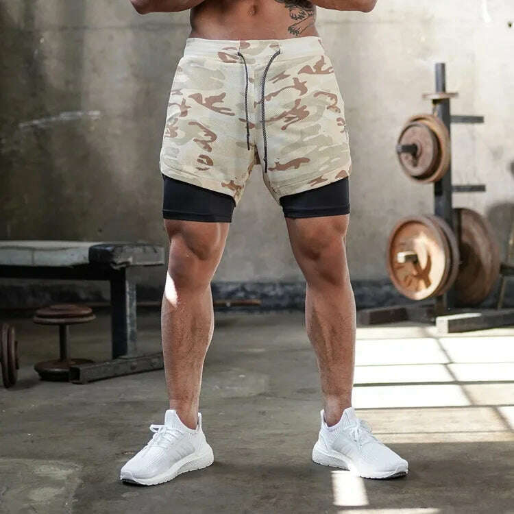 Men's 2 in 1 Running Shorts Male Camo Workout Shorts Training Yoga Gym Sportswear Pants Sport Short Pants with Phone Pockets - KIMLUD