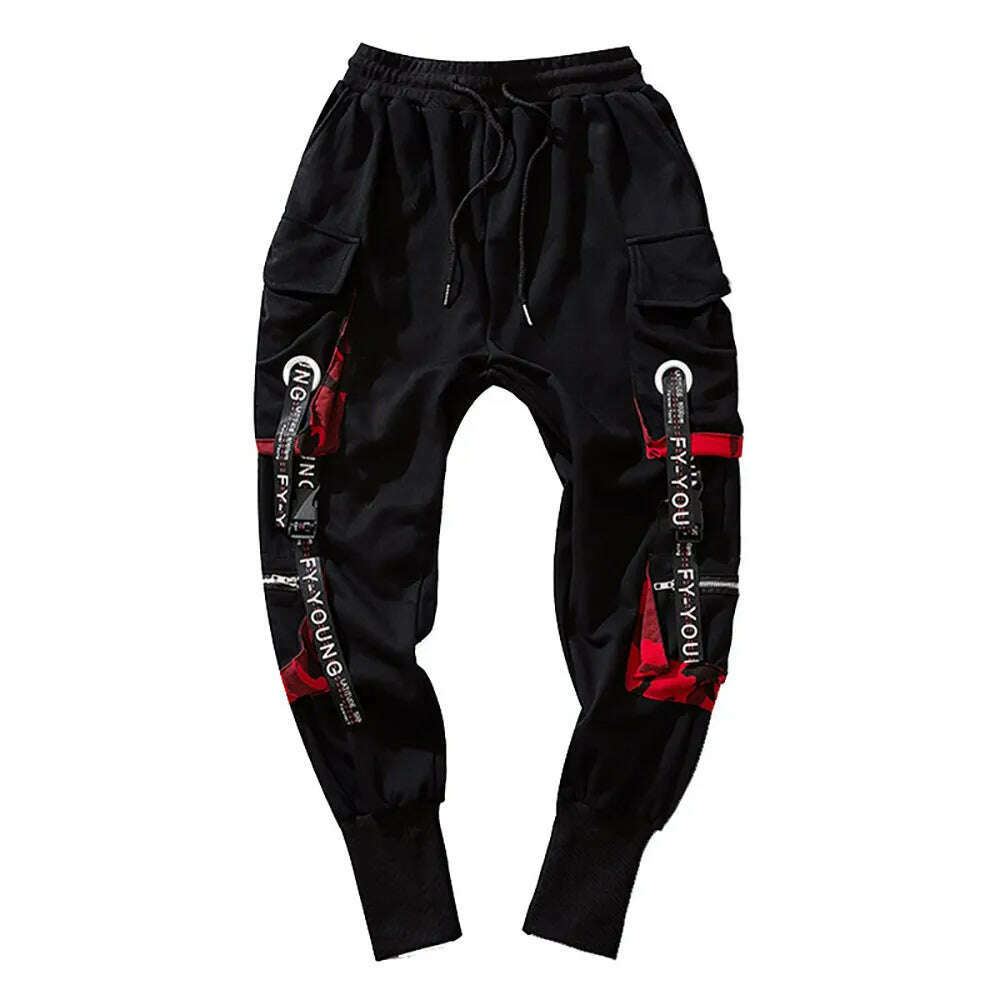 KIMLUD, Men's Cargo Pants Casual Hip Hop Hit Color Multiple Pockets Trousers Streetwear Ribbons Techwear Sweatpants, Black / XXL, KIMLUD APPAREL - Womens Clothes