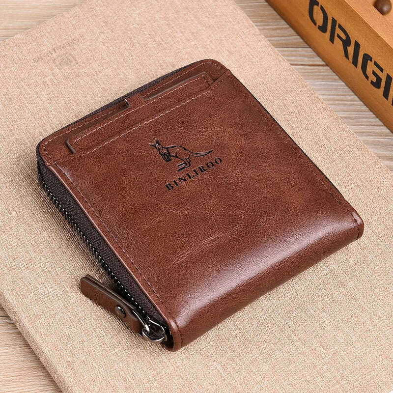 KIMLUD, Men's Coin Purse Wallet Fashion RFID Blocking Man Leather Wallet Zipper Business Card Holder ID Money Bag Wallet Male, 2005 Brown, KIMLUD Womens Clothes