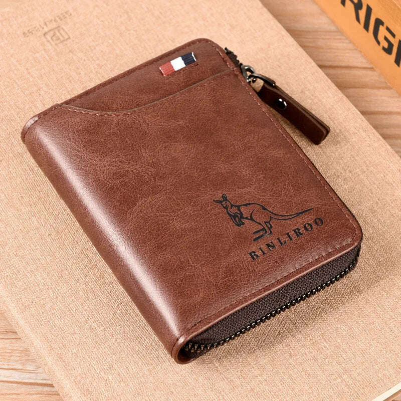 KIMLUD, Men's Coin Purse Wallet Fashion RFID Blocking Man Leather Wallet Zipper Business Card Holder ID Money Bag Wallet Male, 2003 Brown, KIMLUD Womens Clothes