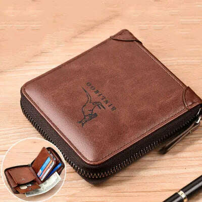KIMLUD, Men's Coin Purse Wallet Fashion RFID Blocking Man Leather Wallet Zipper Business Card Holder ID Money Bag Wallet Male, 2002 Brown, KIMLUD Womens Clothes