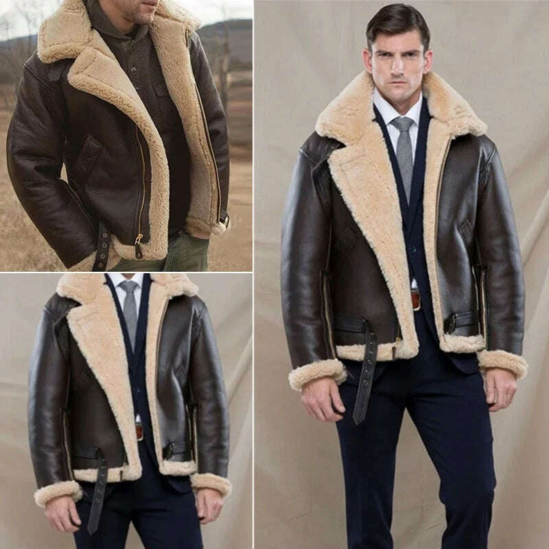 KIMLUD, Men's Faux Leather Classic Brown Black Bomber Jacket Winter Shearling Sheepskin Coat Large Size Male Fleece Warm Outerwear, KIMLUD Womens Clothes