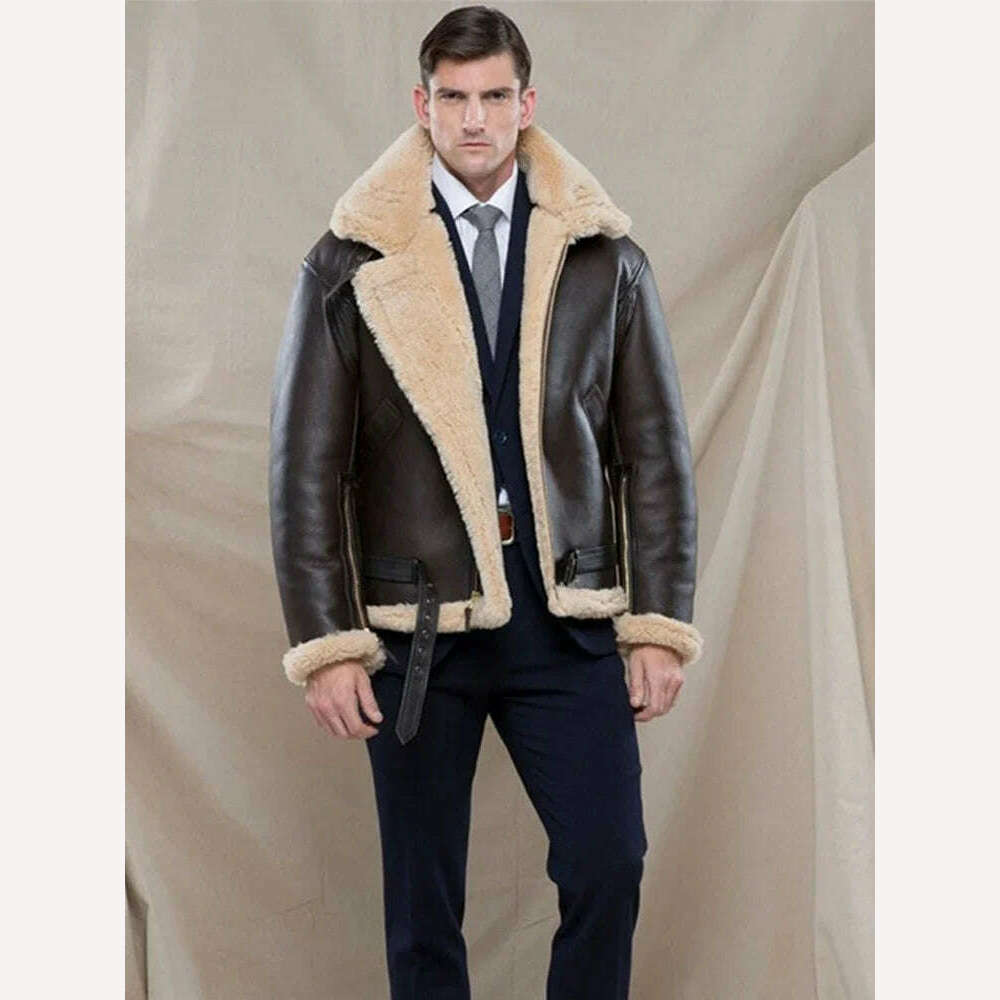 KIMLUD, Men's Faux Leather Classic Brown Black Bomber Jacket Winter Shearling Sheepskin Coat Large Size Male Fleece Warm Outerwear, KIMLUD Womens Clothes