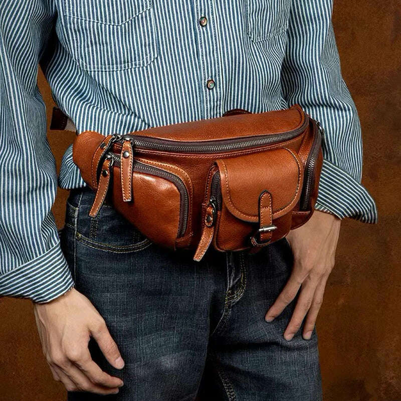 KIMLUD, Men's Genuine Leather Chest Waist Bags Outdoor Sports Fanny Pack Man Belt Waist Bag Fashion Cowhide Zipper Phone Bags Leathfocus, KIMLUD Womens Clothes