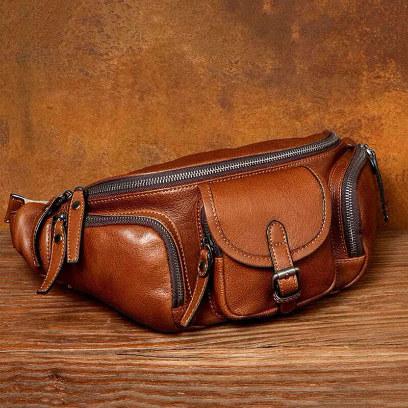 KIMLUD, Men's Genuine Leather Chest Waist Bags Outdoor Sports Fanny Pack Man Belt Waist Bag Fashion Cowhide Zipper Phone Bags Leathfocus, Vintage Brown / CHINA, KIMLUD APPAREL - Womens Clothes