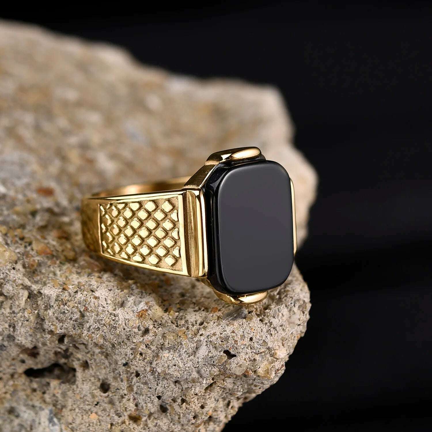 KIMLUD, Men's High Quality Vintage Stainless Steel Gemstone Styles 18K Gold Plated Ring Jewelry Professional Factory Made, Black Onyx / 8, KIMLUD APPAREL - Womens Clothes