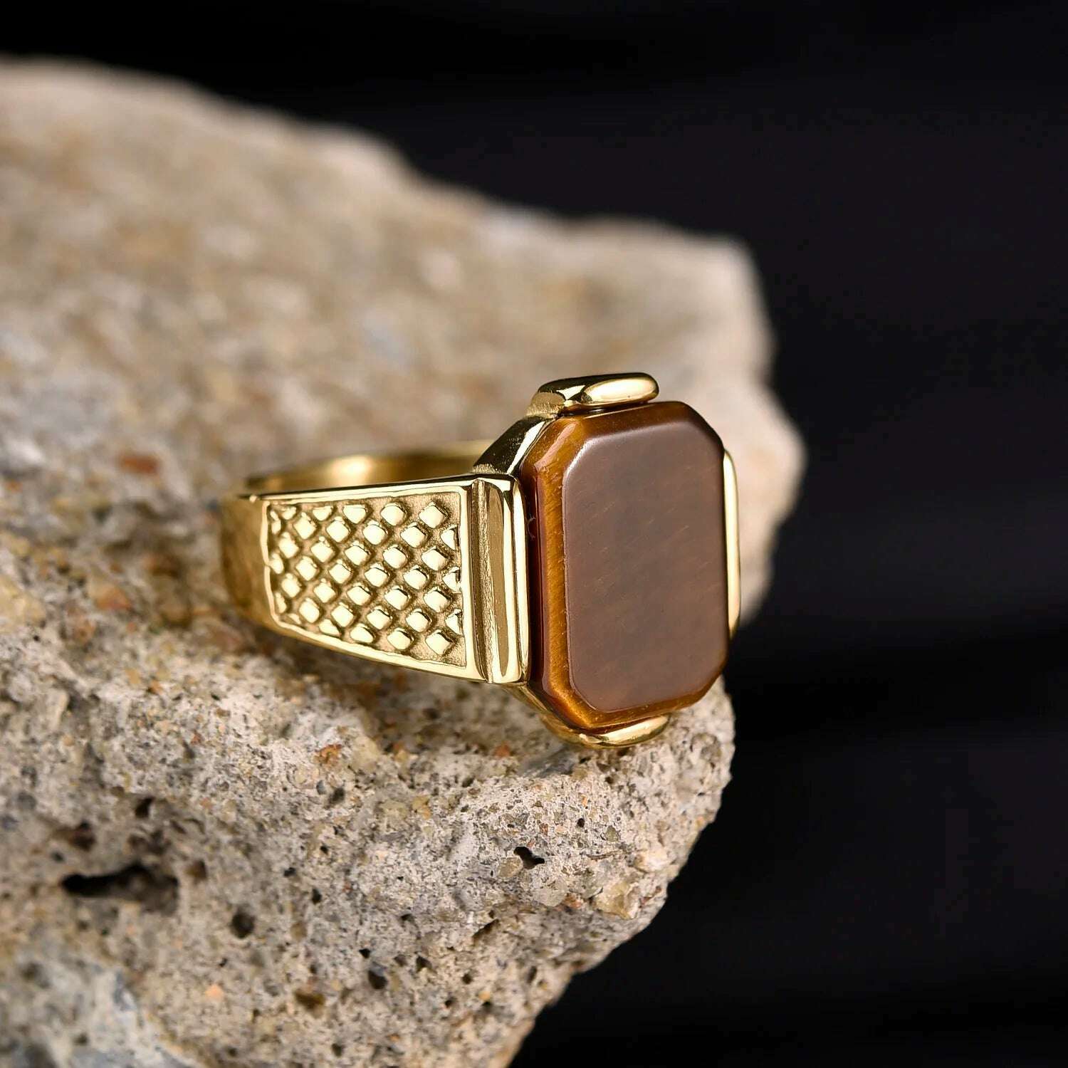KIMLUD, Men's High Quality Vintage Stainless Steel Gemstone Styles 18K Gold Plated Ring Jewelry Professional Factory Made, Coffee / 8, KIMLUD APPAREL - Womens Clothes