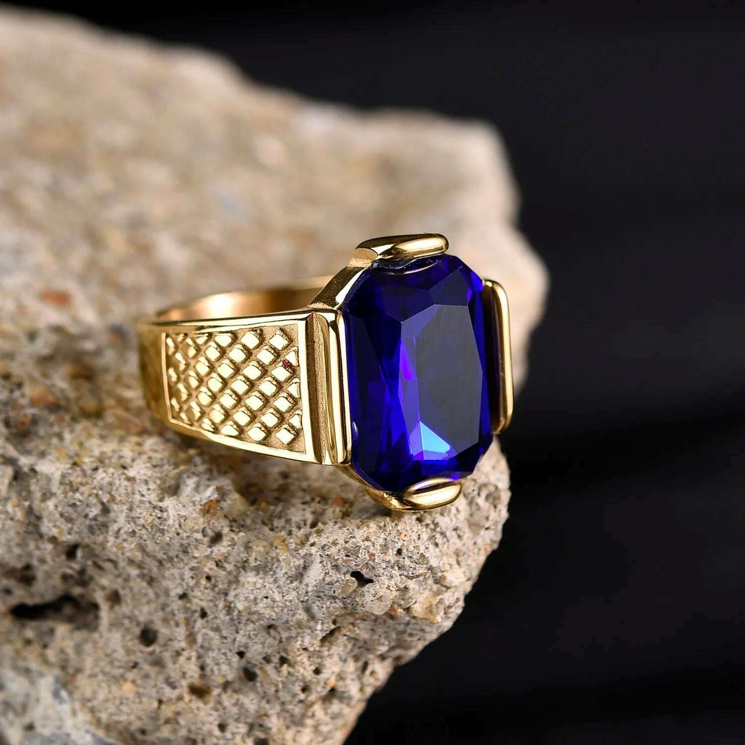KIMLUD, Men's High Quality Vintage Stainless Steel Gemstone Styles 18K Gold Plated Ring Jewelry Professional Factory Made, Blue / 8, KIMLUD APPAREL - Womens Clothes