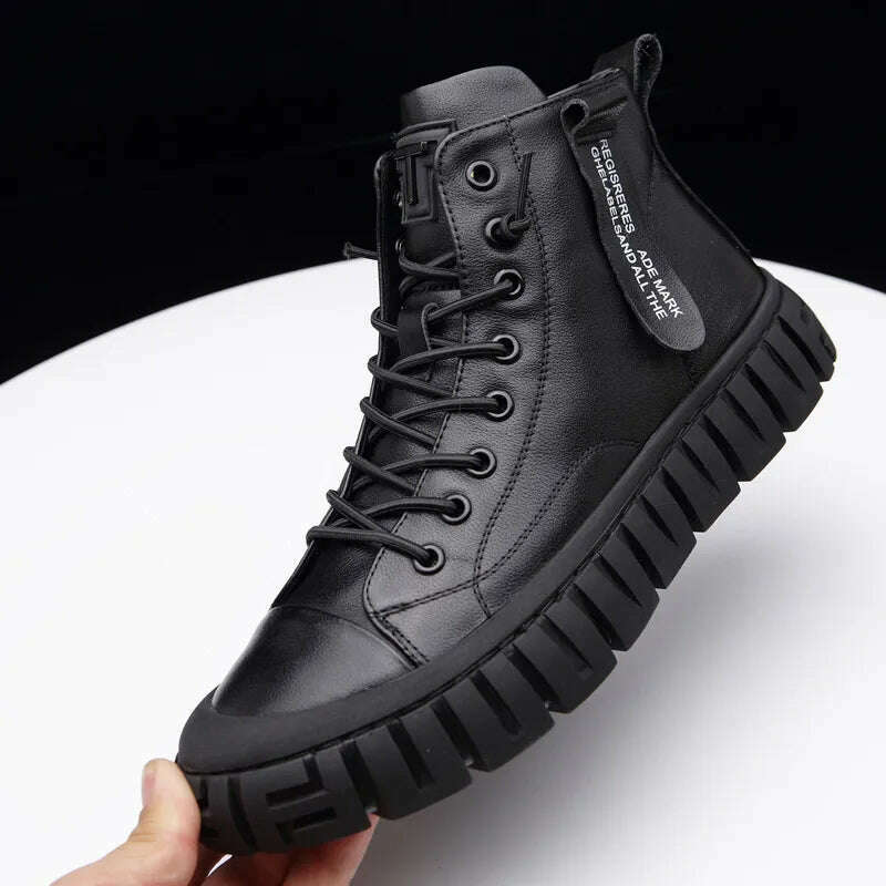 KIMLUD, Men's leather 2020 winter men's shoes with velvet high help keep warm casual shoes thick sole anti-slip leather shoes men, KIMLUD Womens Clothes