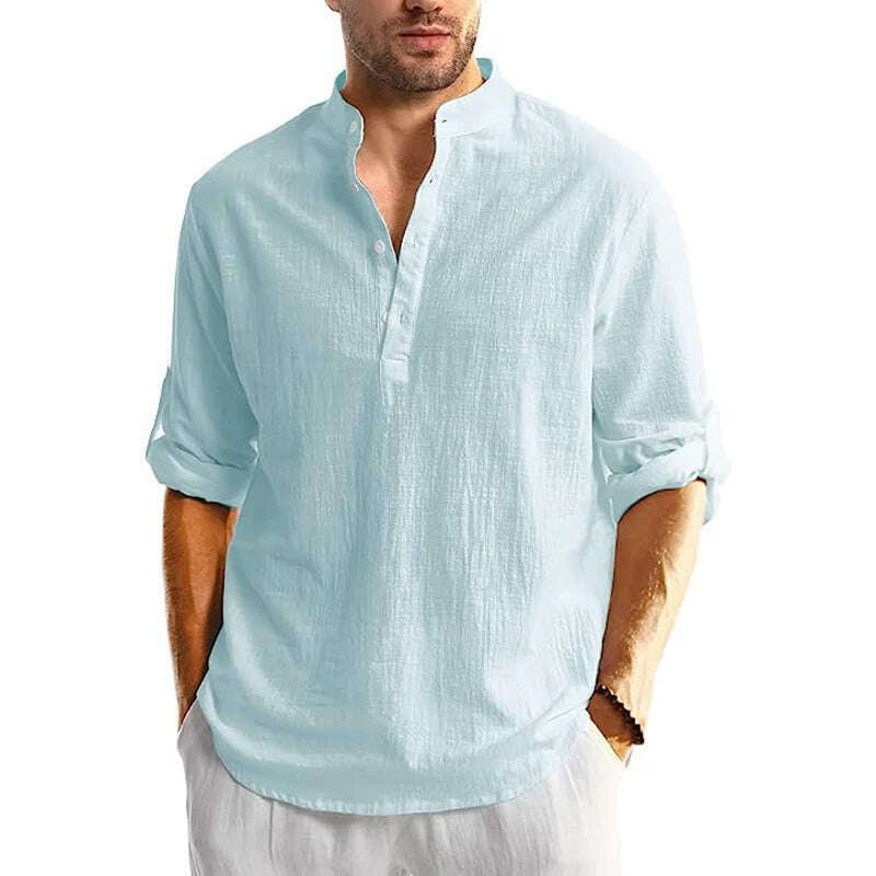 KIMLUD, Men's Linen Button Down Shirt Long Sleeve Casual Button Up Beach Summer Shirts Banded Collar Shirts, KIMLUD Womens Clothes