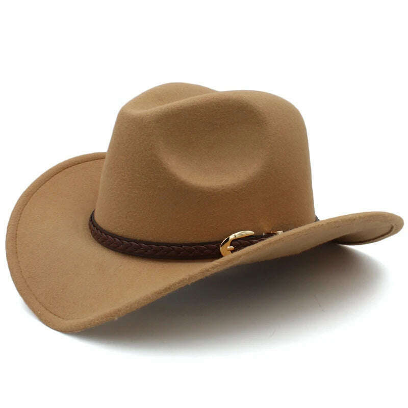KIMLUD, Men's Outdoor Woolen Hat, European And American Cowboy Top Hat, Sun Shading Hat, Women's Summer Curled Brim Big Brim Hat, Khaki / 57, KIMLUD APPAREL - Womens Clothes