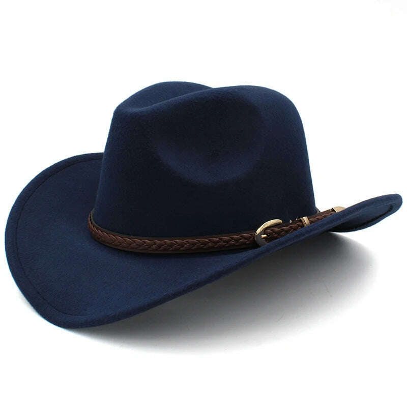 KIMLUD, Men's Outdoor Woolen Hat, European And American Cowboy Top Hat, Sun Shading Hat, Women's Summer Curled Brim Big Brim Hat, DEEP BLUE / 57, KIMLUD APPAREL - Womens Clothes