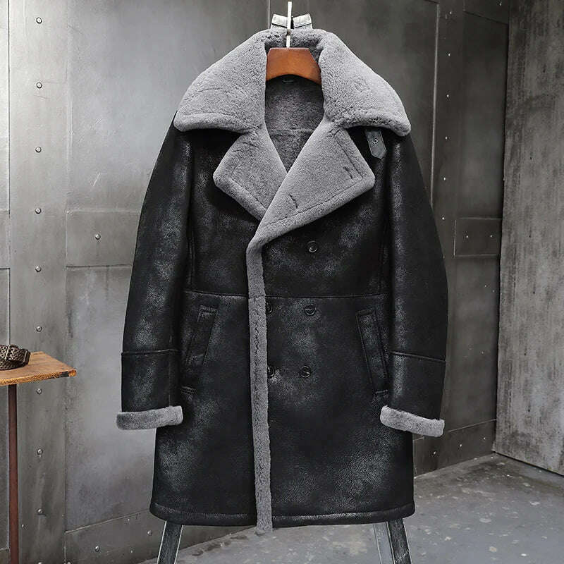 KIMLUD, Men's Plus size Fur Shearling Sheepskin Genuine Leather Long Coat Males Thick Winter Warm Handmade Aviator Coat Outerwear Jacket, Dark Grey / M, KIMLUD APPAREL - Womens Clothes