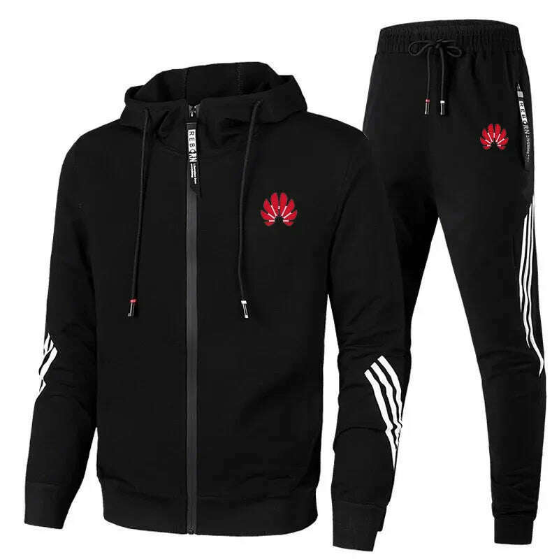 Men's printed two-piece sportswear set with zippered hooded sweatshirt and pants, fitness and running men's clothing 2024 - KIMLUD