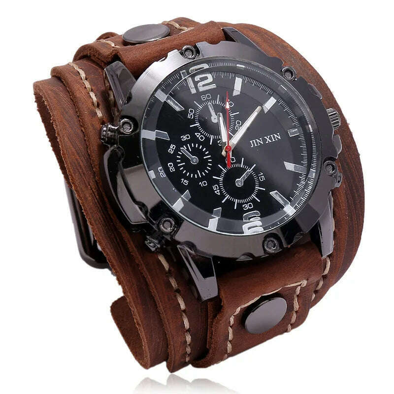 KIMLUD, Mens Quartz Watches Jessingshow Luxury Wristwatch 2023 Cowhide Watchband Punk Style Watch for Men Wide Genuine Leather Bracelets, KIMLUD Womens Clothes