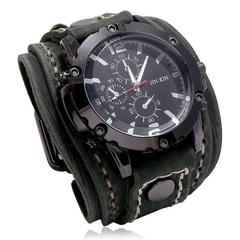 KIMLUD, Mens Quartz Watches Jessingshow Luxury Wristwatch 2023 Cowhide Watchband Punk Style Watch for Men Wide Genuine Leather Bracelets, Retro Green, KIMLUD APPAREL - Womens Clothes