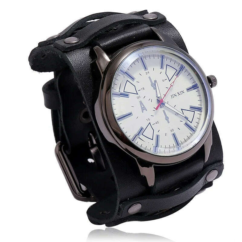 KIMLUD, Mens Quartz Watches Jessingshow Luxury Wristwatch 2023 Cowhide Watchband Punk Style Watch for Men Wide Genuine Leather Bracelets, Black 3, KIMLUD APPAREL - Womens Clothes