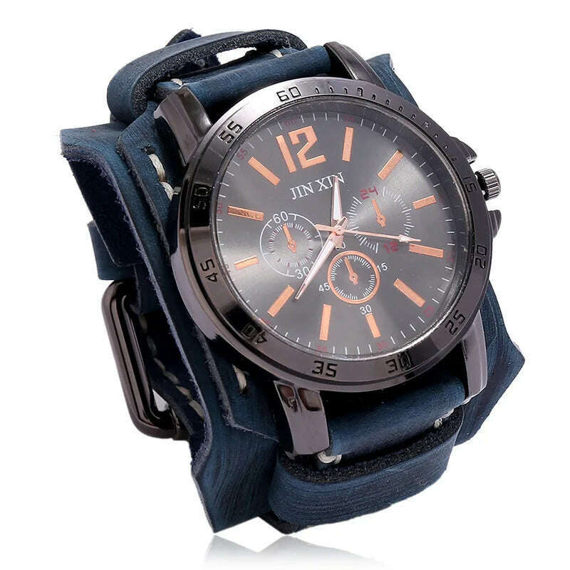 KIMLUD, Mens Quartz Watches Jessingshow Luxury Wristwatch 2023 Cowhide Watchband Punk Style Watch for Men Wide Genuine Leather Bracelets, Retro Blue 1, KIMLUD APPAREL - Womens Clothes