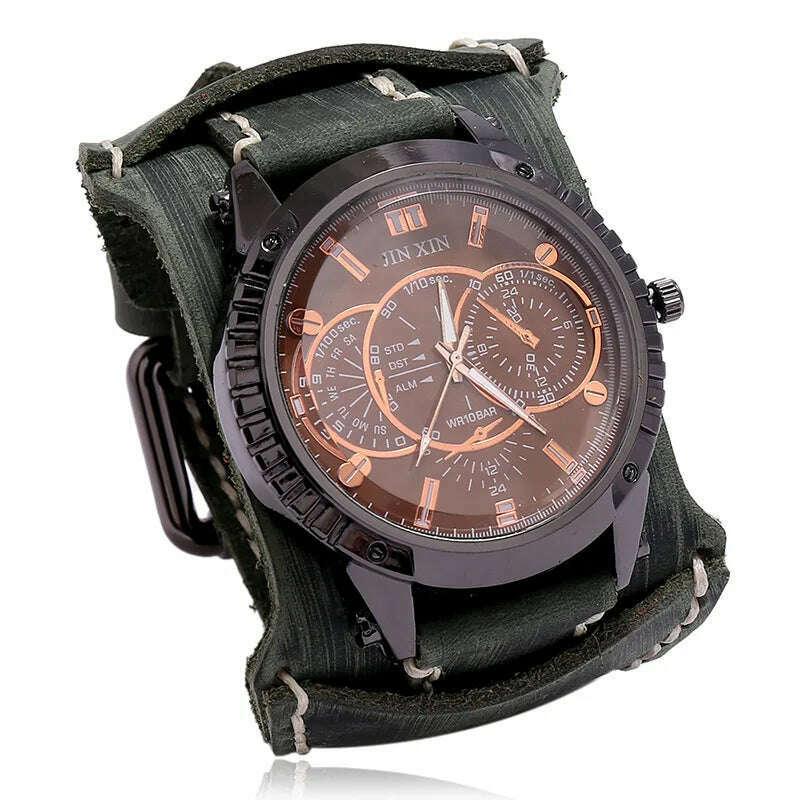 KIMLUD, Mens Quartz Watches Jessingshow Luxury Wristwatch 2023 Cowhide Watchband Punk Style Watch for Men Wide Genuine Leather Bracelets, Retro Green 2, KIMLUD APPAREL - Womens Clothes