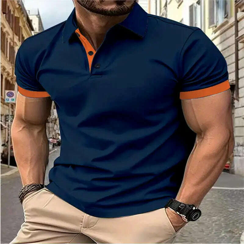 Men's short sleeve color matching fashion with men's lapel short sleeve - KIMLUD
