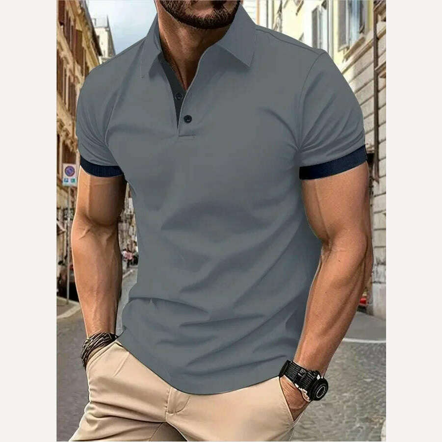 Men's short sleeve color matching fashion with men's lapel short sleeve - KIMLUD