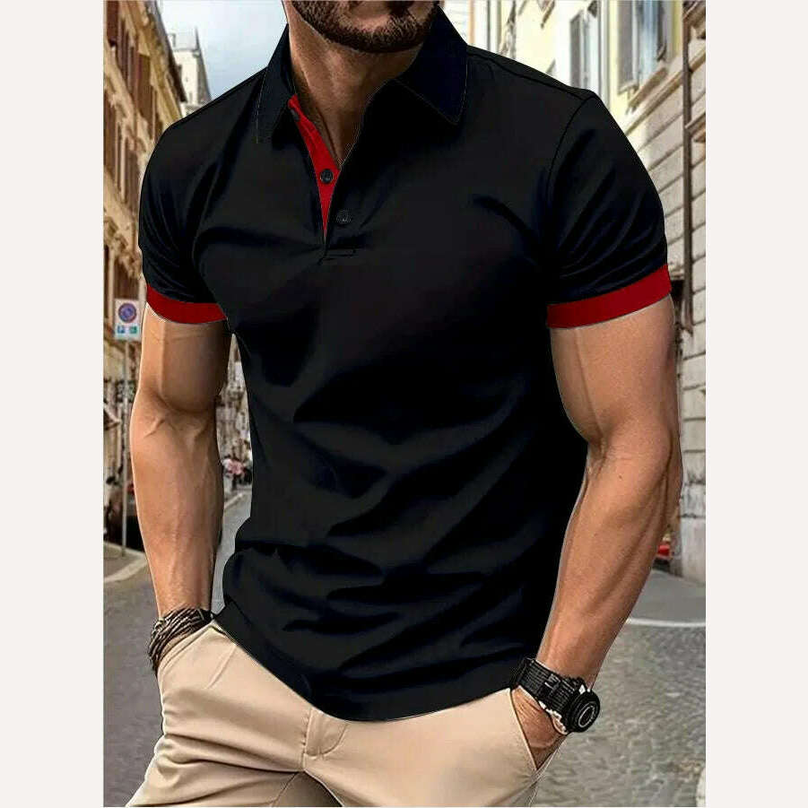 Men's short sleeve color matching fashion with men's lapel short sleeve - KIMLUD