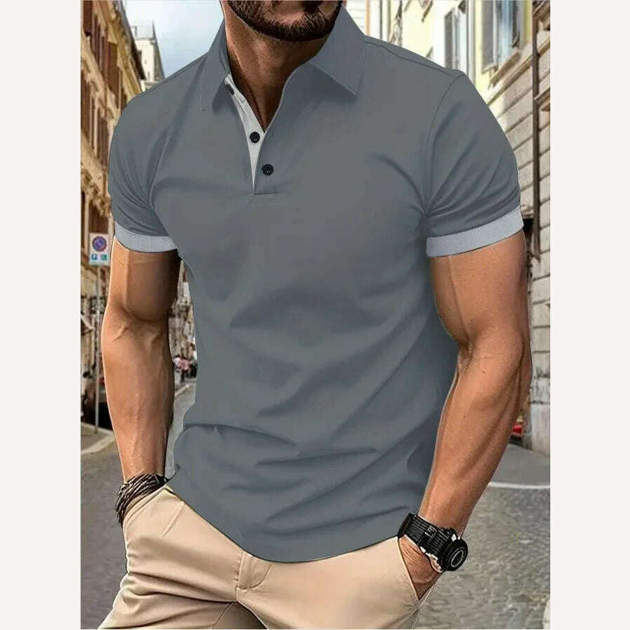 Men's short sleeve color matching fashion with men's lapel short sleeve - KIMLUD