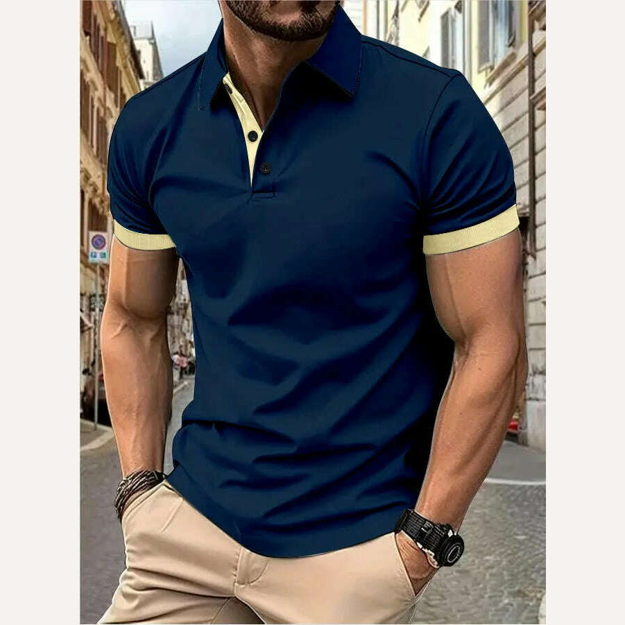 Men's short sleeve color matching fashion with men's lapel short sleeve - KIMLUD