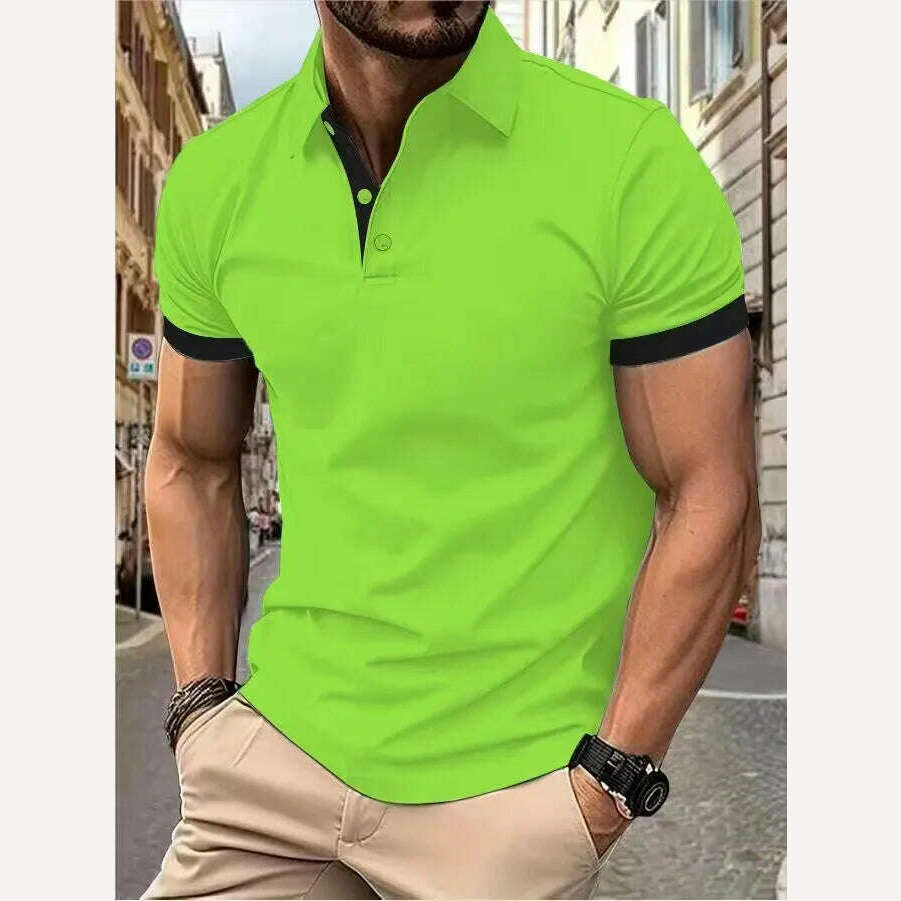 Men's short sleeve color matching fashion with men's lapel short sleeve - KIMLUD