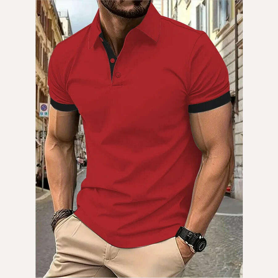 Men's short sleeve color matching fashion with men's lapel short sleeve - KIMLUD