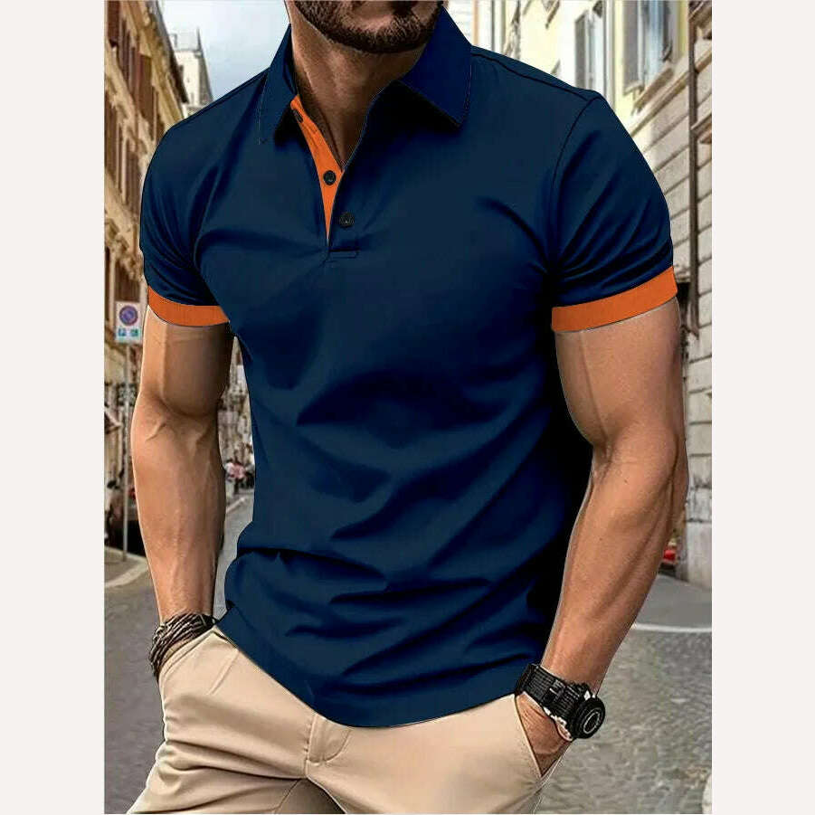Men's short sleeve color matching fashion with men's lapel short sleeve - KIMLUD