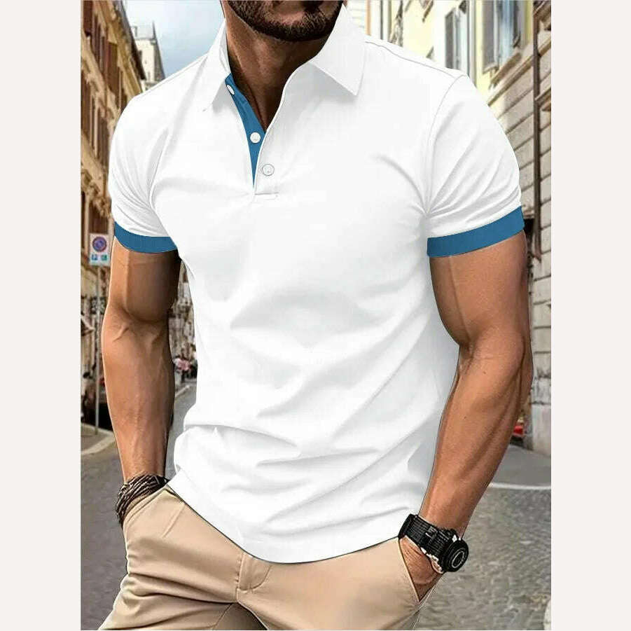 Men's short sleeve color matching fashion with men's lapel short sleeve - KIMLUD
