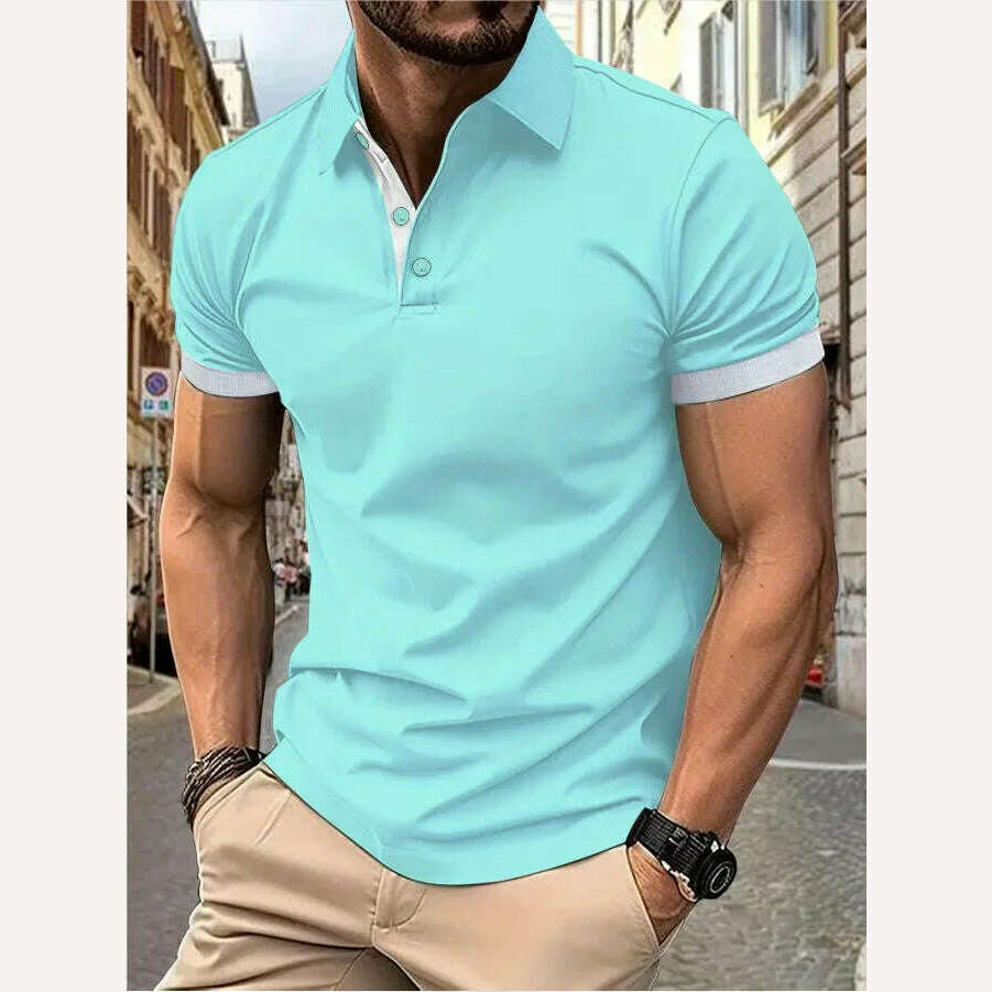 Men's short sleeve color matching fashion with men's lapel short sleeve - KIMLUD