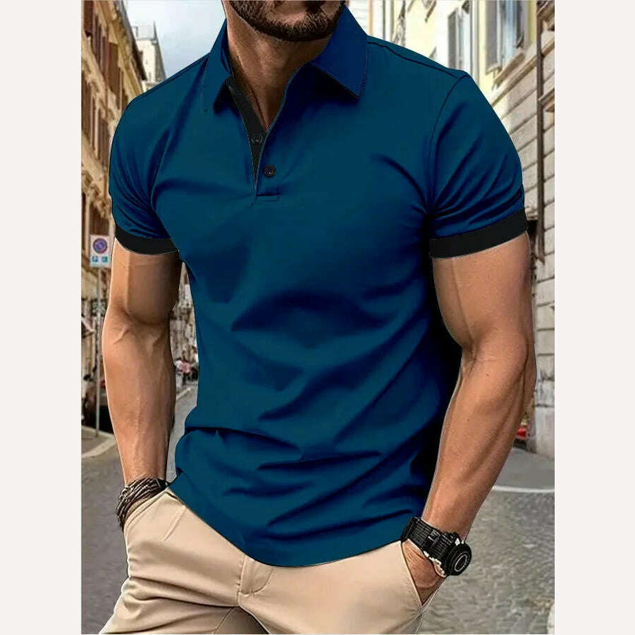 Men's short sleeve color matching fashion with men's lapel short sleeve - KIMLUD