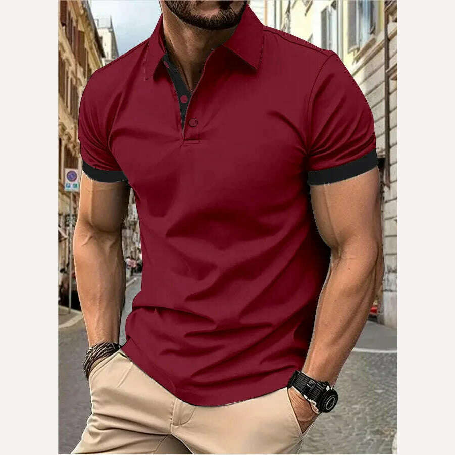 Men's short sleeve color matching fashion with men's lapel short sleeve - KIMLUD