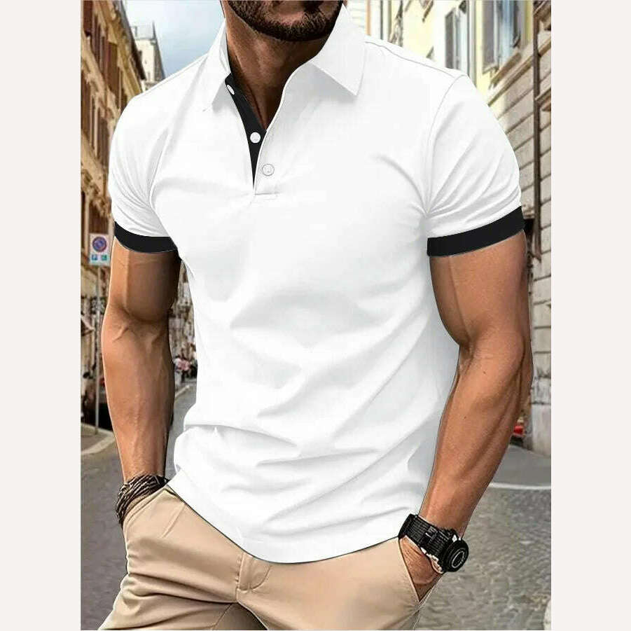 Men's short sleeve color matching fashion with men's lapel short sleeve - KIMLUD