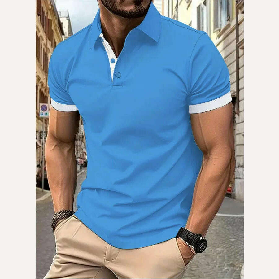 Men's short sleeve color matching fashion with men's lapel short sleeve - KIMLUD