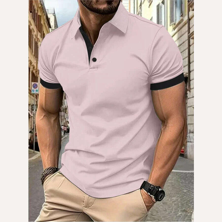 Men's short sleeve color matching fashion with men's lapel short sleeve - KIMLUD