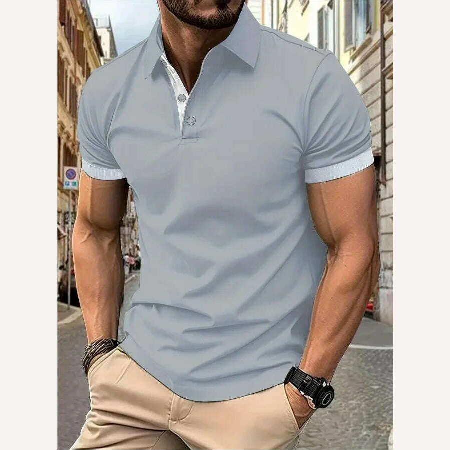 Men's short sleeve color matching fashion with men's lapel short sleeve - KIMLUD