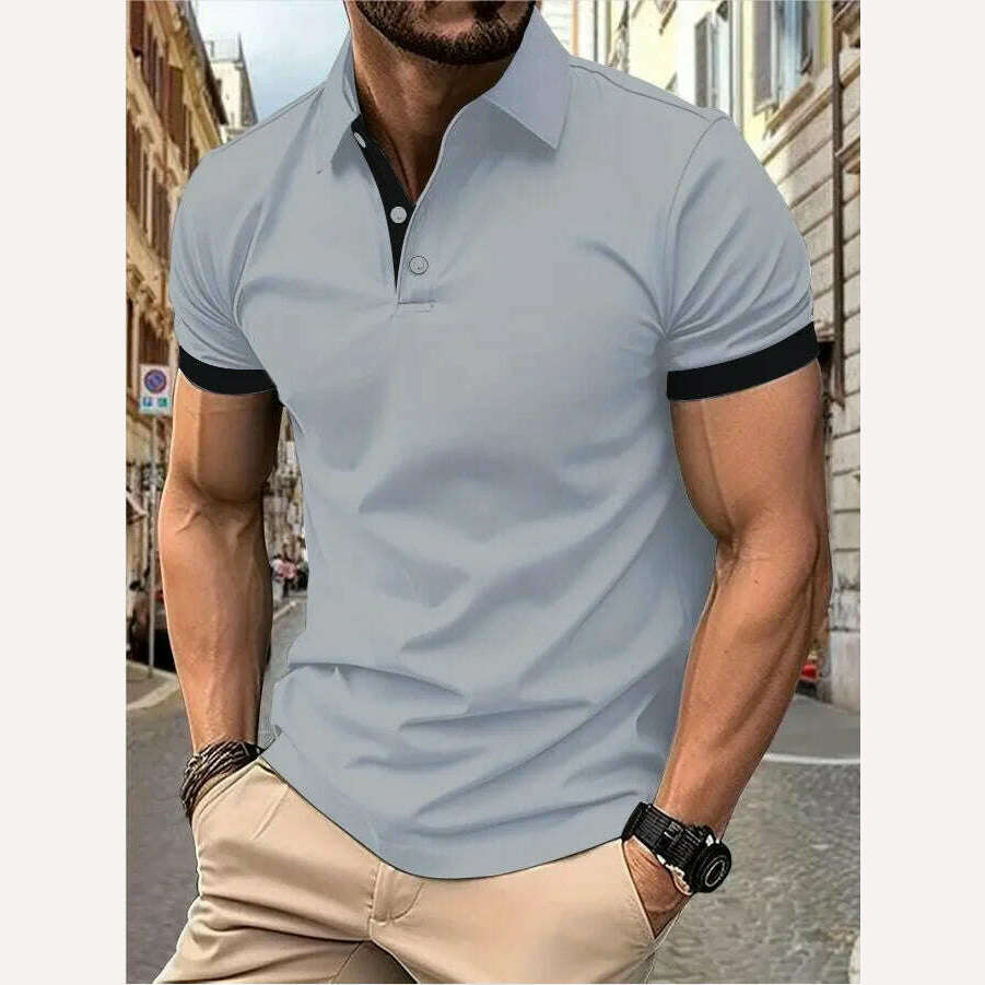 Men's short sleeve color matching fashion with men's lapel short sleeve - KIMLUD