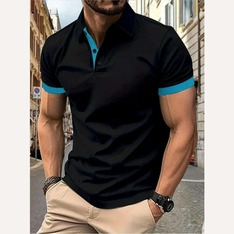 Men's short sleeve color matching fashion with men's lapel short sleeve - KIMLUD