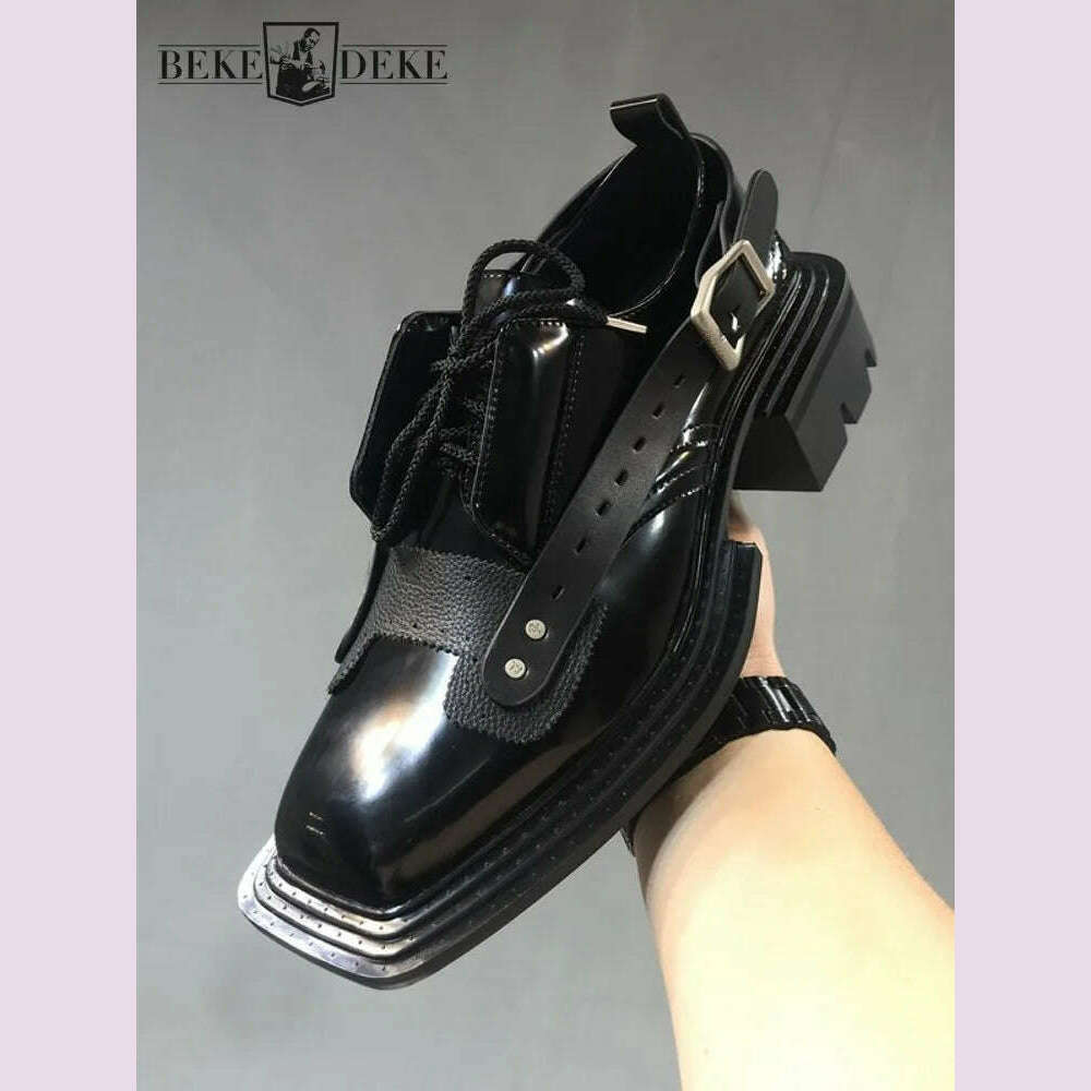 KIMLUD, Mens Square Toe Genuine Leather Dress Shoes Runway Punk Style Platform Shoes Lace Up Derby Shoes Men Black Cowhide Casual Shoes, KIMLUD Womens Clothes