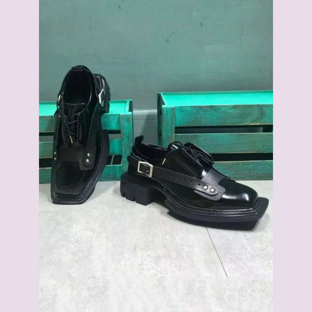 KIMLUD, Mens Square Toe Genuine Leather Dress Shoes Runway Punk Style Platform Shoes Lace Up Derby Shoes Men Black Cowhide Casual Shoes, KIMLUD Womens Clothes