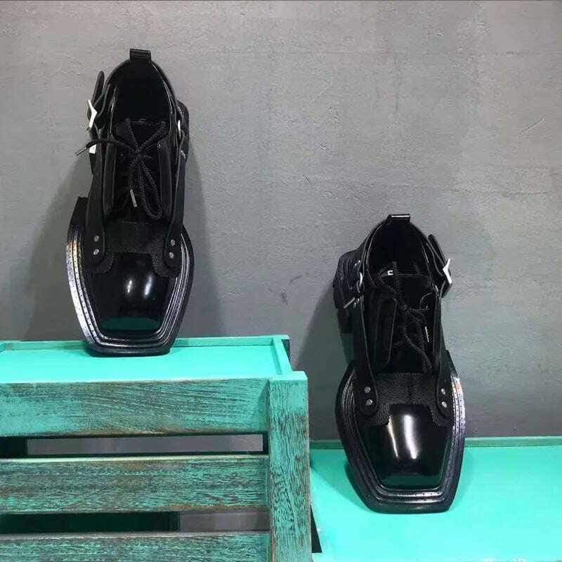 KIMLUD, Mens Square Toe Genuine Leather Dress Shoes Runway Punk Style Platform Shoes Lace Up Derby Shoes Men Black Cowhide Casual Shoes, KIMLUD Womens Clothes