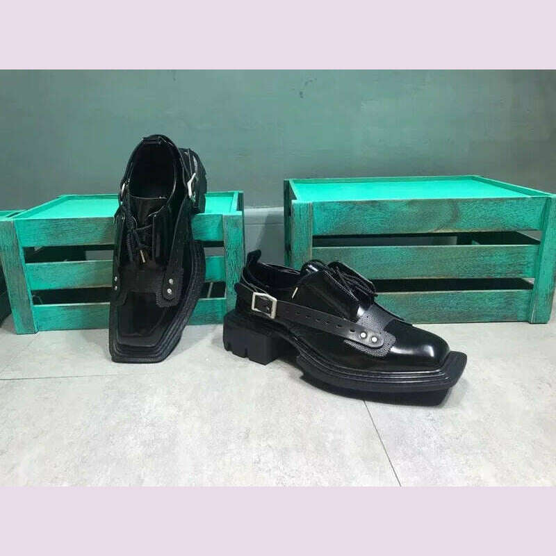 KIMLUD, Mens Square Toe Genuine Leather Dress Shoes Runway Punk Style Platform Shoes Lace Up Derby Shoes Men Black Cowhide Casual Shoes, KIMLUD Womens Clothes