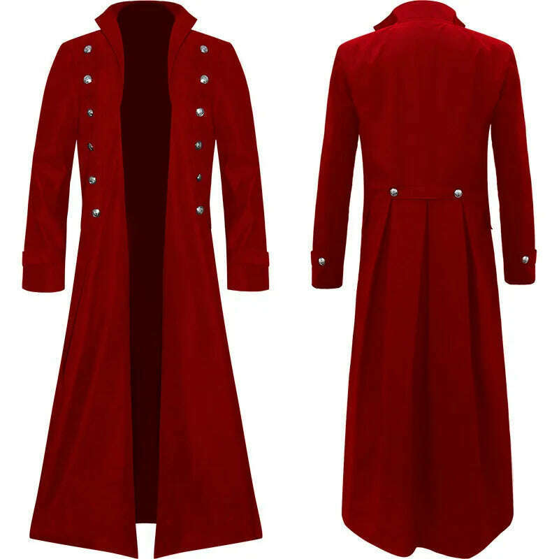 KIMLUD, Mens Steampunk Medieval Tailcoat Long Jacket Vintage Gothic Victorian Frock Coat Uniform Halloween Cosplay Costume Abrigo Hombre, Red / S, KIMLUD APPAREL - Womens Clothes