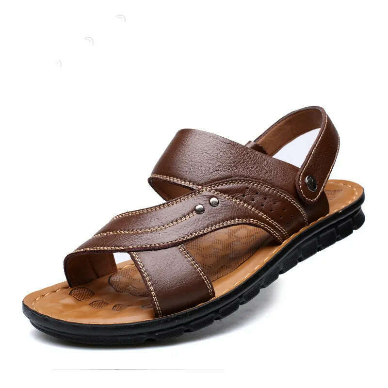 Men's Summer New Men's Sandals Men's Leather Beach Shoes Casual Men's Shoes Fashion Slippers Stripe Sandals Rubber Mens Shoes - KIMLUD