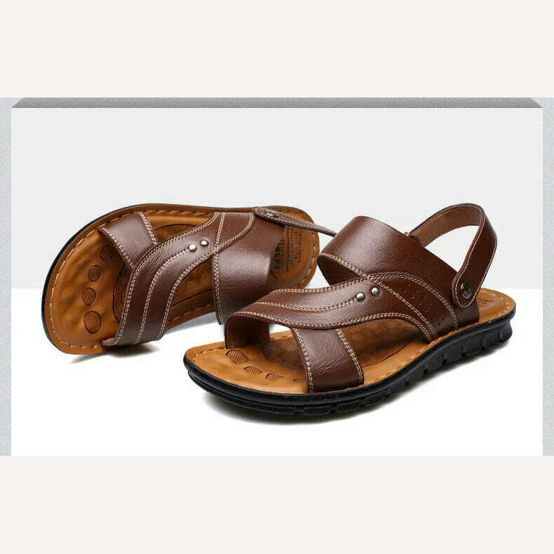 Men's Summer New Men's Sandals Men's Leather Beach Shoes Casual Men's Shoes Fashion Slippers Stripe Sandals Rubber Mens Shoes - KIMLUD